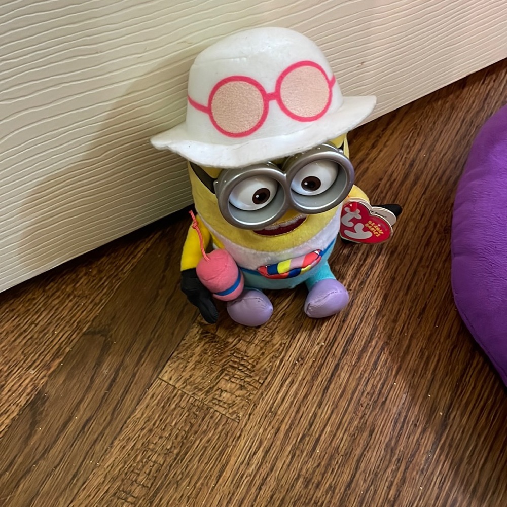 Cute despicable Me stuffed animal at the beach